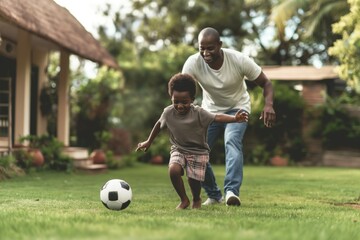 Joyful father and son playing soccer in backyard depicting family bonding beautiful day outdoor activity concept