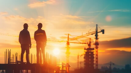 Silhouettes of two construction workers standing on a site at sunset with cranes and buildings in the background, showcasing teamwork and industry.