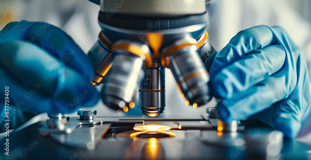 Poster a scientist is looking through a microscope at a sample