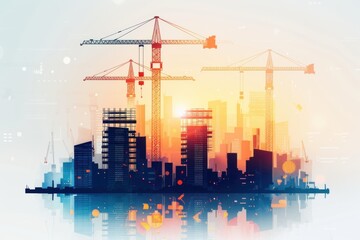 Obraz premium Sunset view of an urban construction site with towering cranes and rising buildings, capturing the dynamic essence of city development.