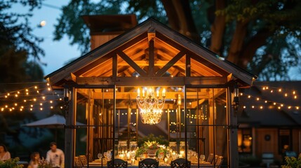 Naklejka premium Craftsman-style outdoor chandelier with wooden frames and glass panels, illuminating an evening gathering