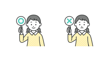 まるとばつの札を上げる少女の上半身イラスト