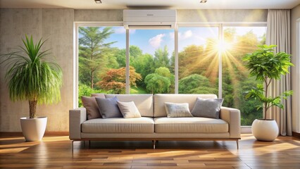 Bright Living Room Interior With Large Windows And Air Conditioner