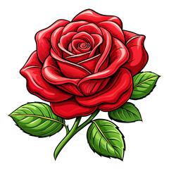 Red rose with vibrant green leaves, essence of romance and nature. Vector for Valentines Day, weddings, tattoo design or artistic projects with floral elegant love symbol