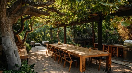 Obraz premium Craftsman-style outdoor dining set with a wooden table and chairs, under a canopy of trees for natural shade