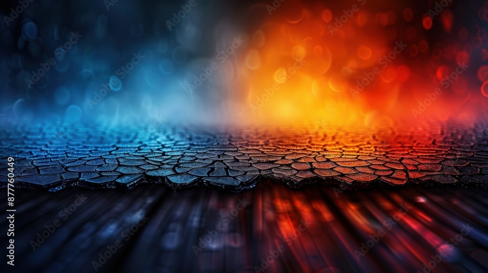 Poster a blurry image of a red and blue background with a yellow line. the image has a mood of chaos and co