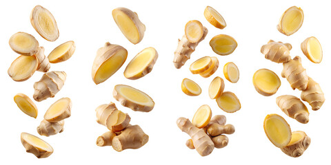 Ginger slices flying isolated on transparent background PNG file