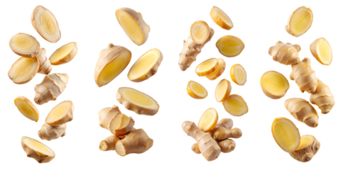 Ginger slices flying isolated on transparent background PNG file