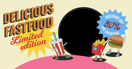 Fast food menu. Moving advertising banner with takeaway food, french fries, hamburger and plastic cup of soda. Design with alpha channel for cafes and restaurants. Cartoon style graphic animated clip - Powered by Adobe