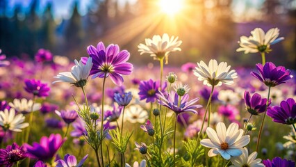 Fototapeta premium Image Reference: Beautiful Purple And White Flowers In A Field With A Warm Sunset In The Background.