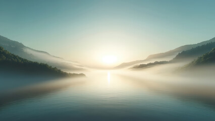 Fototapeta premium Stunning sunrise over a tranquil lake with misty mountains in the background, creating a serene and peaceful atmosphere.