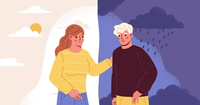 Psychological help of friend. Moving banner with woman giving advice and support to depressed and anxious man. Solving mental problems and disorders. Cartoon style graphic animated video clip