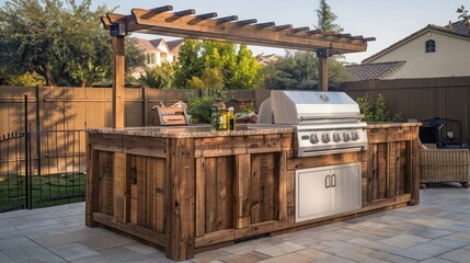 Craftsman-style outdoor kitchen island with a wooden frame and a built-in grill, designed for alfresco cooking