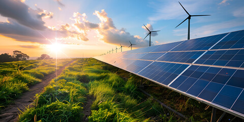 Sustainable Energy Farm with Solar Panels and Wind Turbines in a Sunlit Green Field
Renewable Energy Generation with Solar Panels and Wind Turbines Under a Bright Sunset