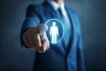 
Businessman touching a virtual human icon on a hologram screen, technology for customer support and template personalization with data service business concept