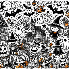 Doodle art cartoon of a Halloween scene with ghosts, pumpkins and witches