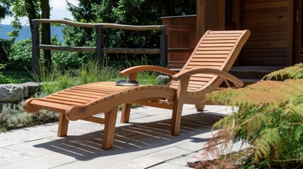 Obraz premium Craftsman-style outdoor lounger with a wooden frame and adjustable back, perfect for sunbathing or relaxing