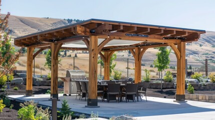 Craftsman-style outdoor pavilion with wooden posts and a fabric roof, providing a versatile space for events and gatherings