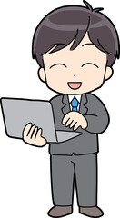 パソコンを持っている笑顔のビジネスマン