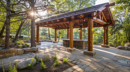 Craftsman-style outdoor pavilion with wooden posts and a stone floor, perfect for hosting events