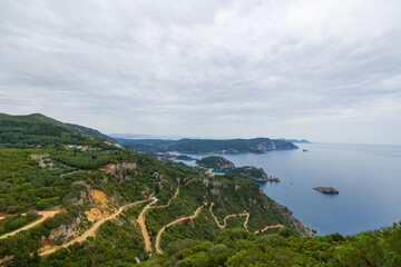 Scenic elevated view over the Ionian Sea from the Angelo Castro Viewpoint in north west Corfu