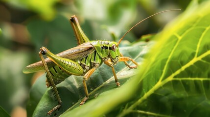 Green Grasshopper on a Leaf in a Garden