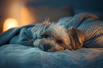Cozy dog in bed under blanket relaxed evening cozy-warm-comfortable-pet bedtime cuddly dog concept