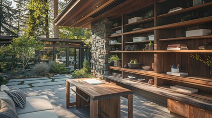 Fototapeta premium Craftsman-style outdoor study with a wooden desk and shelving, offering a peaceful environment for work surrounded by nature