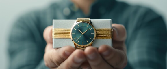 Young professional receiving a shiny gold watch as a prestigious gift