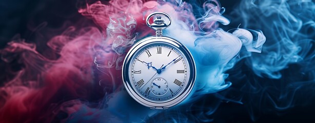 A pocket watch with blue flames at its edges, floating in a sea of pink, blue, and white smoke. The contrasting background adds depth and highlights the watch's detailed design. Copy space for text,