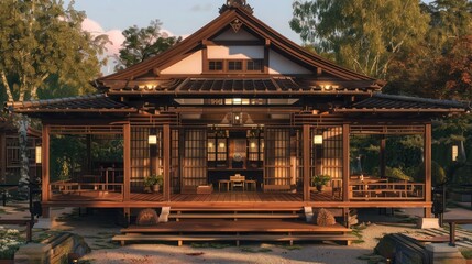 Craftsman-style outdoor teahouse with a wooden structure and traditional details, providing a cultural and relaxing experience