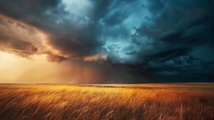 Stormy Sunset Over a Golden Field