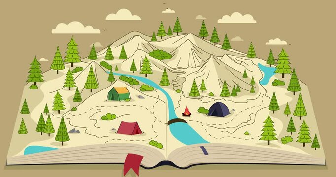 Map with mountains in book. Moving banner with mountains, trees, camping tent and river on open book. Great adventures and travels. Trekking and hiking. Cartoon style graphic animated video clip