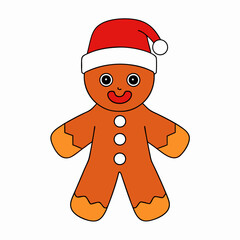 Funny Christmas Baby Cute Gingerbread Man with Santa Claus Hat Clipart Vector Illustration