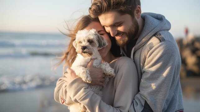 Couple Holding Dog on Beach