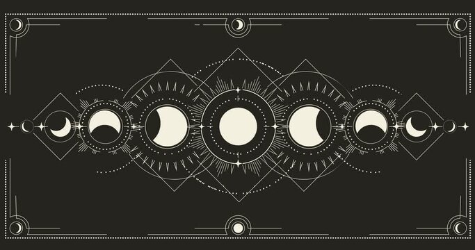 Moon phases. Moving mystical astrology banner with moon activity stages. Black and white magic poster with full moon and crescent. Moonlight cycle. Outline style graphic animated video clip