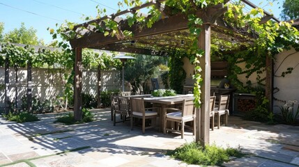 Obraz premium Craftsman-style patio with a wooden pergola and climbing vines, creating a shaded area for outdoor dining