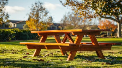 Obraz premium Craftsman-style picnic bench with a wooden top and seats, situated in a community park