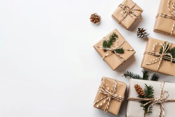 Christmas wrapped brown paper gifts pine cones holiday eco-friendly packaging rustic style concept
