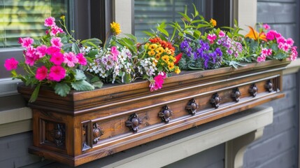 Craftsman-style planter box with wooden sides and detailed trim, filled with colorful flowers and greenery