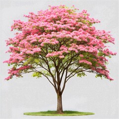 Fototapeta premium Cornus florida (flowering dogwood) pink blossoming frontal set street summer trees on white background 