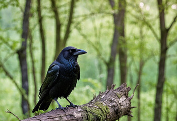 Fototapeta premium Close up view of crow sits on a branch with green natural background