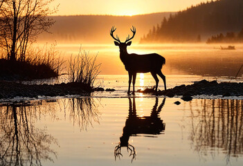 Silhouette of a deer on a crystal clear lake with reflection at sunset