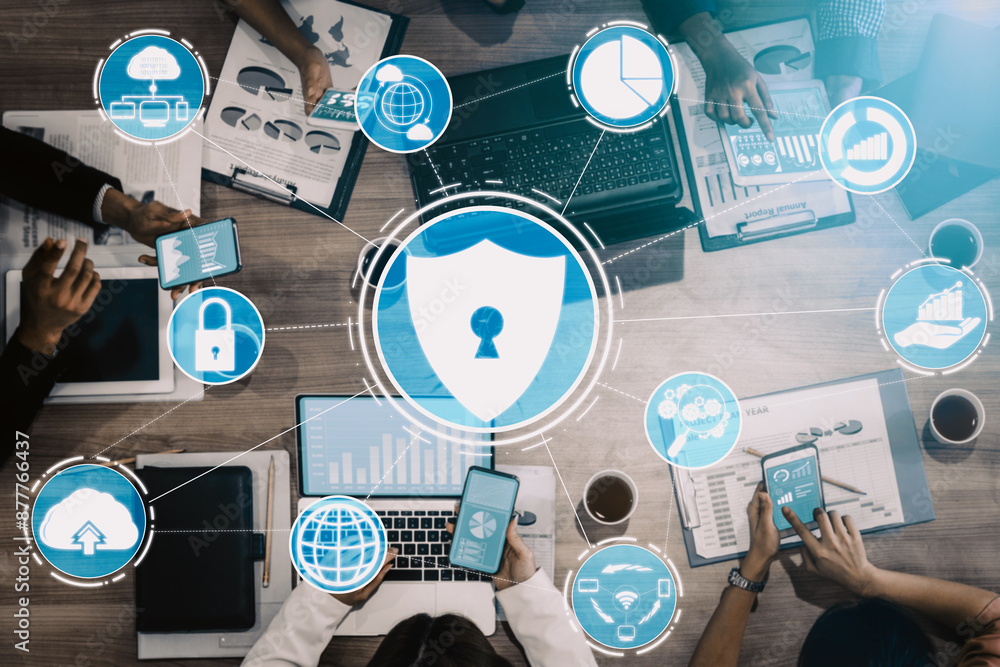 Poster cyber security and digital data protection concept. icon interface showing secure firewall technolog