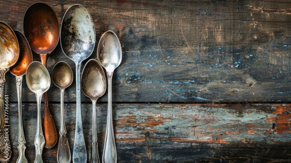 Poster vintage spoons on table from above with space for text