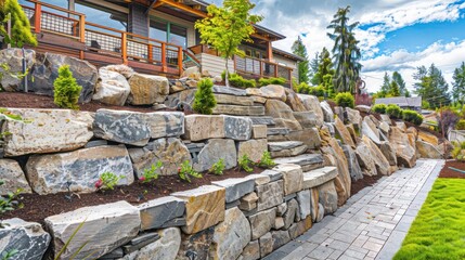 Craftsman-style retaining wall with natural stone and wooden accents, enhancing the landscape of a sloped yard