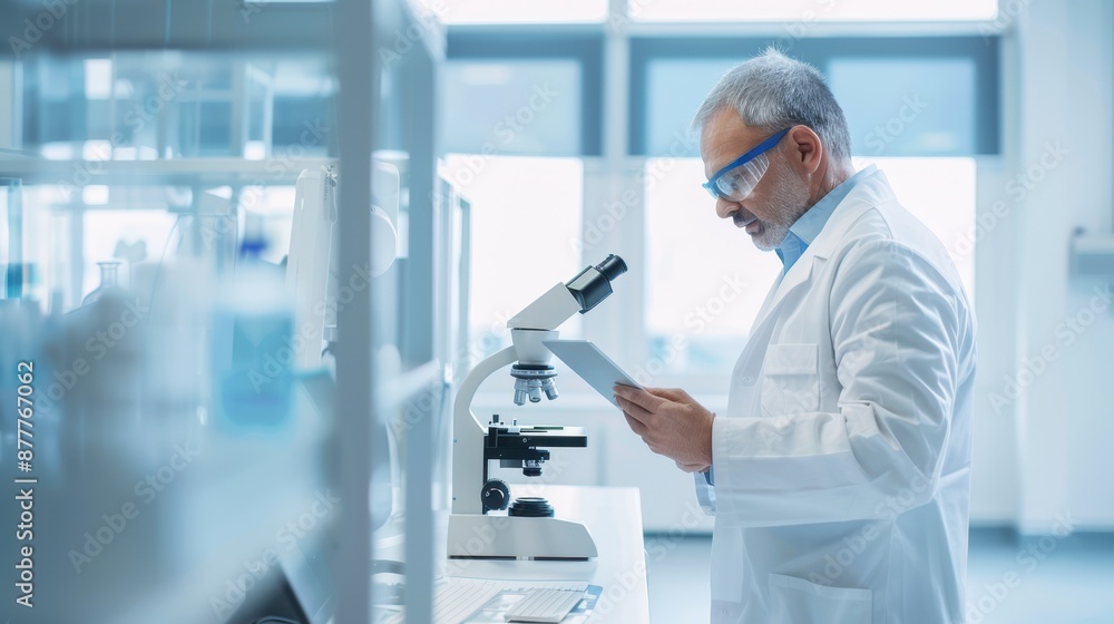 Poster the scientist with microscope