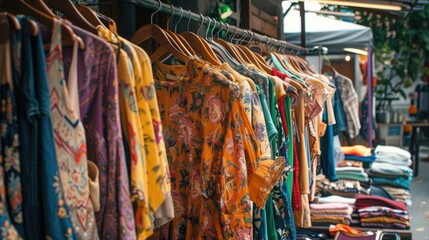 Vintage women s clothing on hangers in thrift shop with clothing rental service