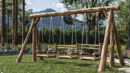 Craftsman-style swing set with a wooden frame and seats, providing a fun and attractive addition to any backyard