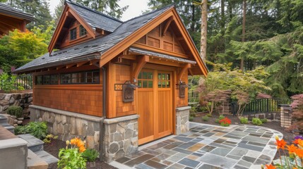 Naklejka premium Craftsman-style tool shed with natural wood walls and a slate roof, designed for both utility and aesthetic